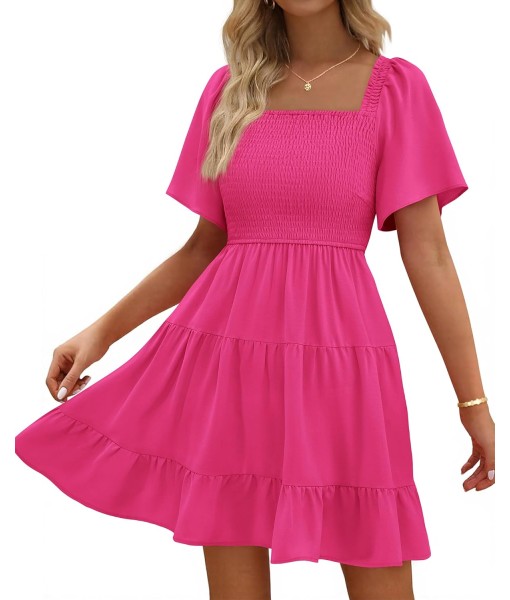 BTFBM Women's Summer Smocked Mini Dress Square Neck Flutter Sleeve Casual Ruffle Flared Swing Boho Beach Dresses Pockets