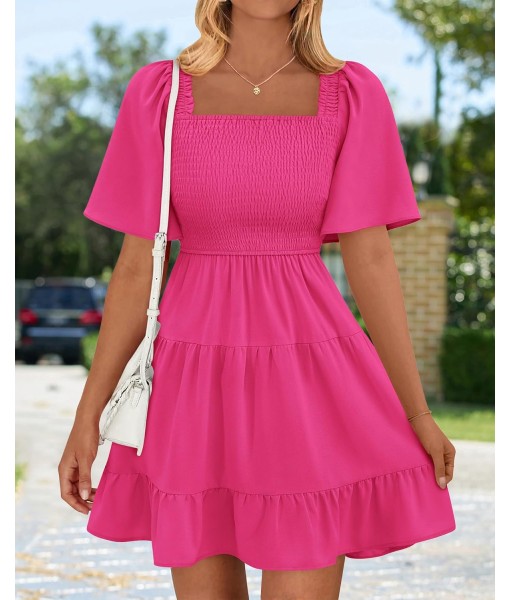 BTFBM Women's Summer Smocked Mini Dress Square Neck Flutter Sleeve Casual Ruffle Flared Swing Boho Beach Dresses Pockets
