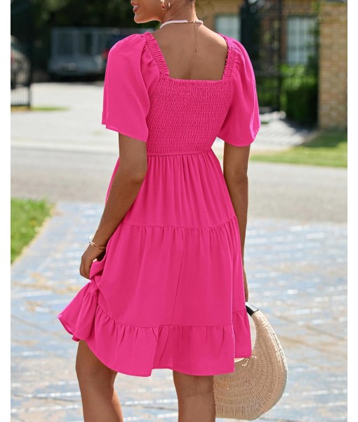 BTFBM Women's Summer Smocked Mini Dress Square Neck Flutter Sleeve Casual Ruffle Flared Swing Boho Beach Dresses Pockets