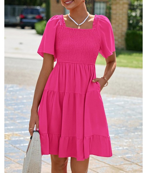 BTFBM Women's Summer Smocked Mini Dress Square Neck Flutter Sleeve Casual Ruffle Flared Swing Boho Beach Dresses Pockets