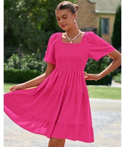BTFBM Women's Summer Smocked Mini Dress Square Neck Flutter Sleeve Casual Ruffle Flared Swing Boho Beach Dresses Pockets
