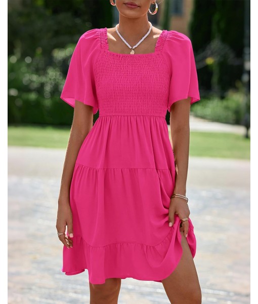 BTFBM Women's Summer Smocked Mini Dress Square Neck Flutter Sleeve Casual Ruffle Flared Swing Boho Beach Dresses Pockets
