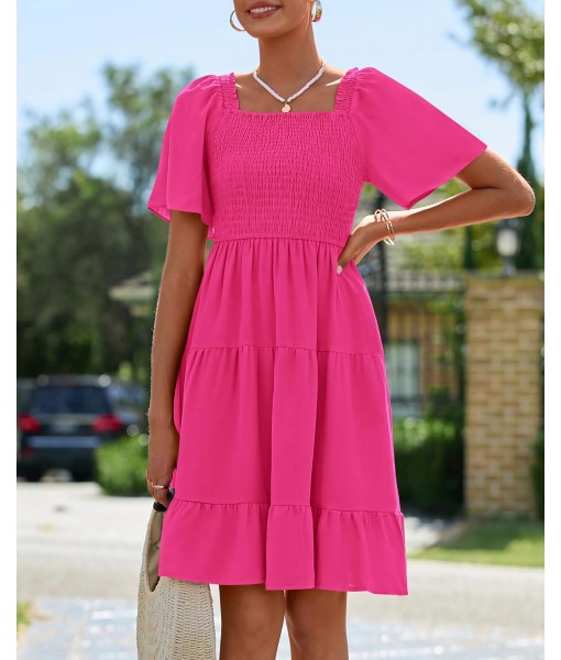 BTFBM Women's Summer Smocked Mini Dress Square Neck Flutter Sleeve Casual Ruffle Flared Swing Boho Beach Dresses Pockets