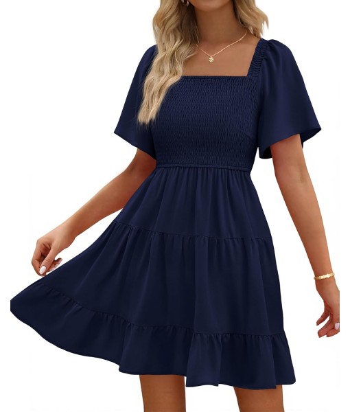 BTFBM Women's Summer Smocked Mini Dress Square Neck Flutter Sleeve Casual Ruffle Flared Swing Boho Beach Dresses Pockets