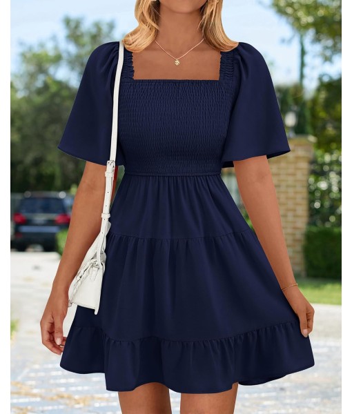 BTFBM Women's Summer Smocked Mini Dress Square Neck Flutter Sleeve Casual Ruffle Flared Swing Boho Beach Dresses Pockets