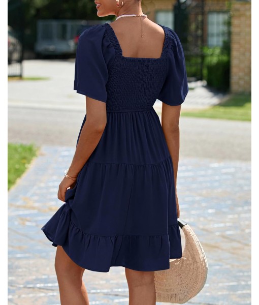 BTFBM Women's Summer Smocked Mini Dress Square Neck Flutter Sleeve Casual Ruffle Flared Swing Boho Beach Dresses Pockets