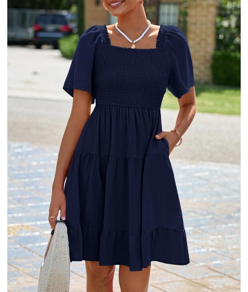 BTFBM Women's Summer Smocked Mini Dress Square Neck Flutter Sleeve Casual Ruffle Flared Swing Boho Beach Dresses Pockets