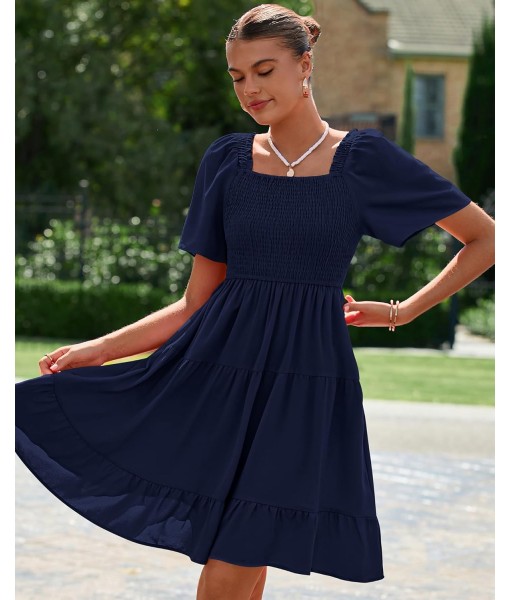 BTFBM Women's Summer Smocked Mini Dress Square Neck Flutter Sleeve Casual Ruffle Flared Swing Boho Beach Dresses Pockets
