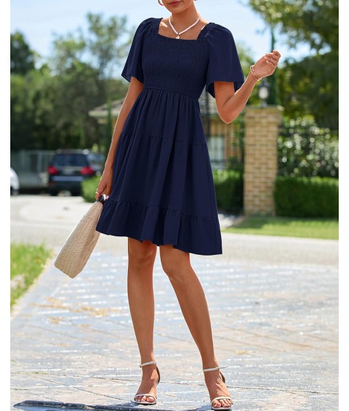 BTFBM Women's Summer Smocked Mini Dress Square Neck Flutter Sleeve Casual Ruffle Flared Swing Boho Beach Dresses Pockets