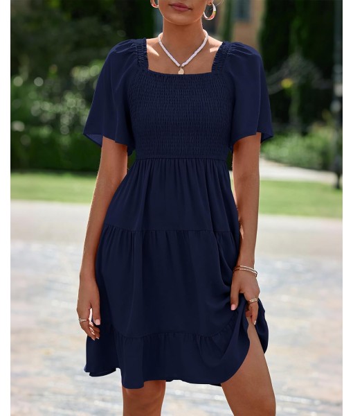 BTFBM Women's Summer Smocked Mini Dress Square Neck Flutter Sleeve Casual Ruffle Flared Swing Boho Beach Dresses Pockets
