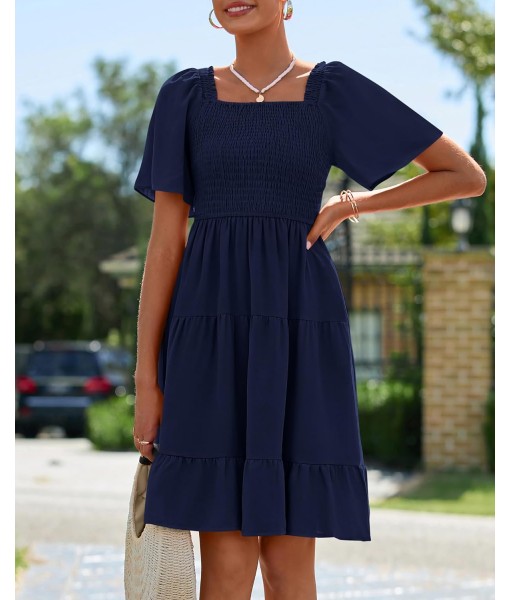 BTFBM Women's Summer Smocked Mini Dress Square Neck Flutter Sleeve Casual Ruffle Flared Swing Boho Beach Dresses Pockets