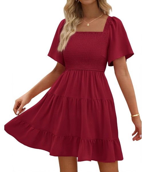 BTFBM Women's Summer Smocked Mini Dress Square Neck Flutter Sleeve Casual Ruffle Flared Swing Boho Beach Dresses Pockets