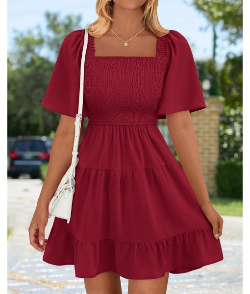 BTFBM Women's Summer Smocked Mini Dress Square Neck Flutter Sleeve Casual Ruffle Flared Swing Boho Beach Dresses Pockets