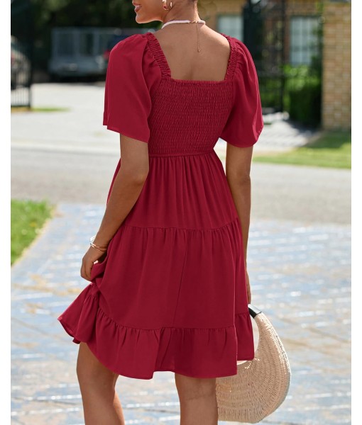 BTFBM Women's Summer Smocked Mini Dress Square Neck Flutter Sleeve Casual Ruffle Flared Swing Boho Beach Dresses Pockets