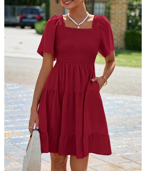BTFBM Women's Summer Smocked Mini Dress Square Neck Flutter Sleeve Casual Ruffle Flared Swing Boho Beach Dresses Pockets