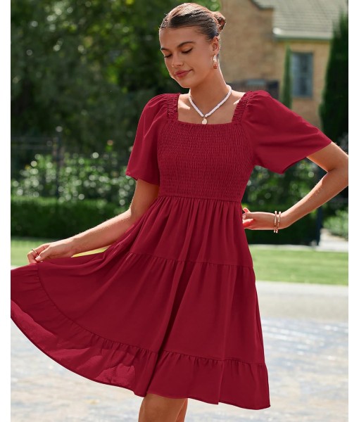 BTFBM Women's Summer Smocked Mini Dress Square Neck Flutter Sleeve Casual Ruffle Flared Swing Boho Beach Dresses Pockets
