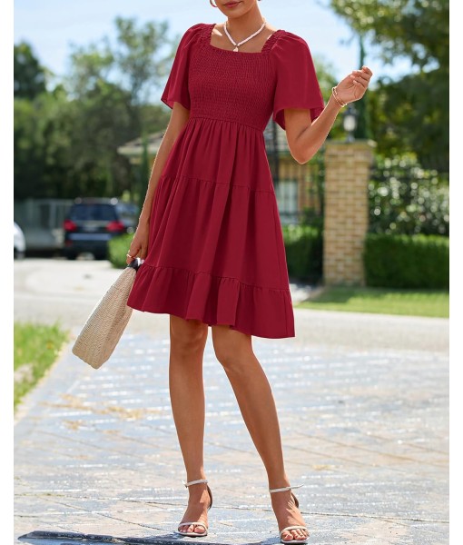 BTFBM Women's Summer Smocked Mini Dress Square Neck Flutter Sleeve Casual Ruffle Flared Swing Boho Beach Dresses Pockets