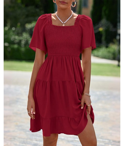 BTFBM Women's Summer Smocked Mini Dress Square Neck Flutter Sleeve Casual Ruffle Flared Swing Boho Beach Dresses Pockets