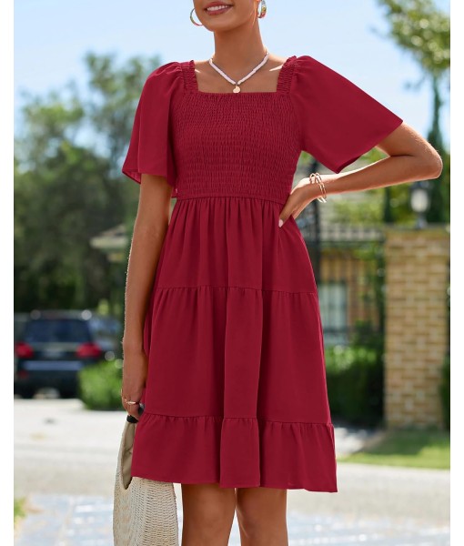 BTFBM Women's Summer Smocked Mini Dress Square Neck Flutter Sleeve Casual Ruffle Flared Swing Boho Beach Dresses Pockets