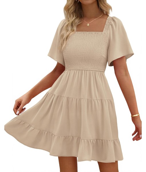 BTFBM Women's Summer Smocked Mini Dress Square Neck Flutter Sleeve Casual Ruffle Flared Swing Boho Beach Dresses Pockets