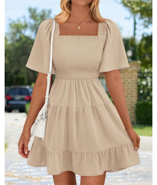 BTFBM Women's Summer Smocked Mini Dress Square Neck Flutter Sleeve Casual Ruffle Flared Swing Boho Beach Dresses Pockets