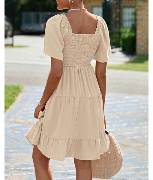 BTFBM Women's Summer Smocked Mini Dress Square Neck Flutter Sleeve Casual Ruffle Flared Swing Boho Beach Dresses Pockets