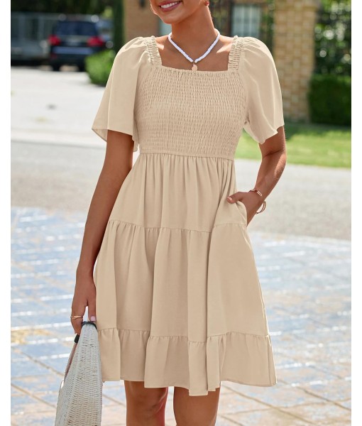 BTFBM Women's Summer Smocked Mini Dress Square Neck Flutter Sleeve Casual Ruffle Flared Swing Boho Beach Dresses Pockets