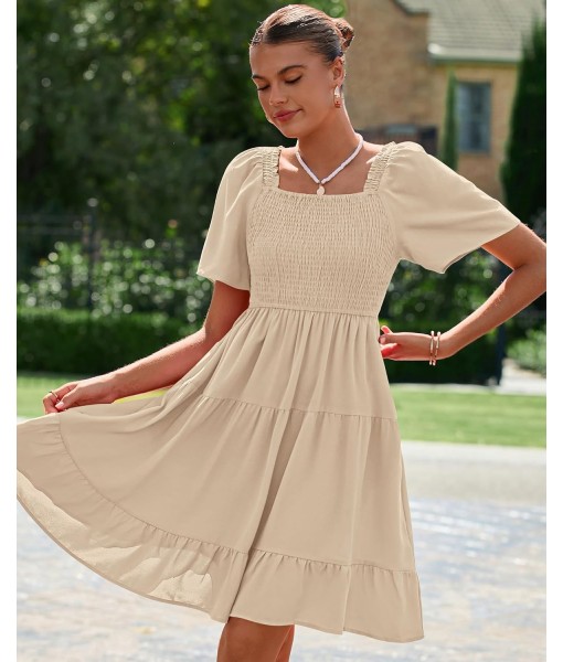 BTFBM Women's Summer Smocked Mini Dress Square Neck Flutter Sleeve Casual Ruffle Flared Swing Boho Beach Dresses Pockets