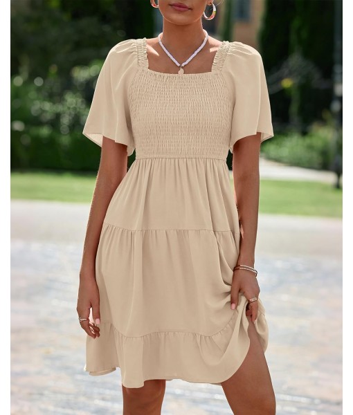 BTFBM Women's Summer Smocked Mini Dress Square Neck Flutter Sleeve Casual Ruffle Flared Swing Boho Beach Dresses Pockets
