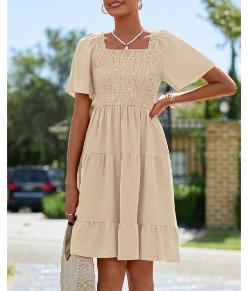 BTFBM Women's Summer Smocked Mini Dress Square Neck Flutter Sleeve Casual Ruffle Flared Swing Boho Beach Dresses Pockets