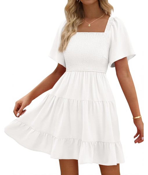 BTFBM Women's Summer Smocked Mini Dress Square Neck Flutter Sleeve Casual Ruffle Flared Swing Boho Beach Dresses Pockets