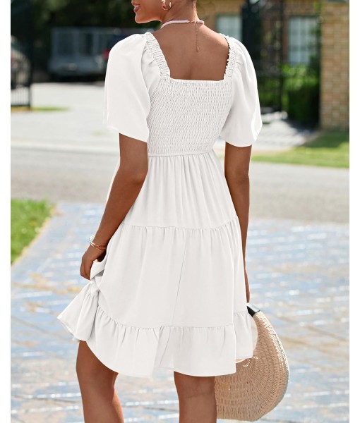 BTFBM Women's Summer Smocked Mini Dress Square Neck Flutter Sleeve Casual Ruffle Flared Swing Boho Beach Dresses Pockets