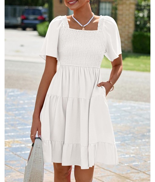 BTFBM Women's Summer Smocked Mini Dress Square Neck Flutter Sleeve Casual Ruffle Flared Swing Boho Beach Dresses Pockets