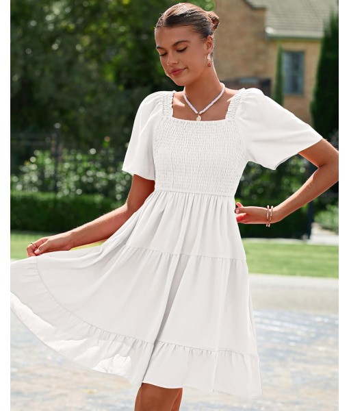BTFBM Women's Summer Smocked Mini Dress Square Neck Flutter Sleeve Casual Ruffle Flared Swing Boho Beach Dresses Pockets