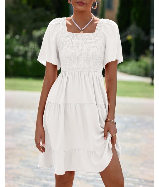 BTFBM Women's Summer Smocked Mini Dress Square Neck Flutter Sleeve Casual Ruffle Flared Swing Boho Beach Dresses Pockets
