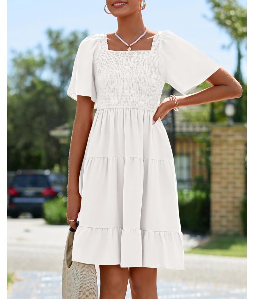 BTFBM Women's Summer Smocked Mini Dress Square Neck Flutter Sleeve Casual Ruffle Flared Swing Boho Beach Dresses Pockets