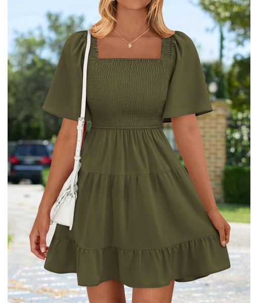 BTFBM Women's Summer Smocked Mini Dress Square Neck Flutter Sleeve Casual Ruffle Flared Swing Boho Beach Dresses Pockets