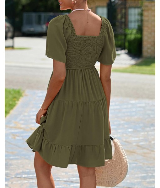 BTFBM Women's Summer Smocked Mini Dress Square Neck Flutter Sleeve Casual Ruffle Flared Swing Boho Beach Dresses Pockets