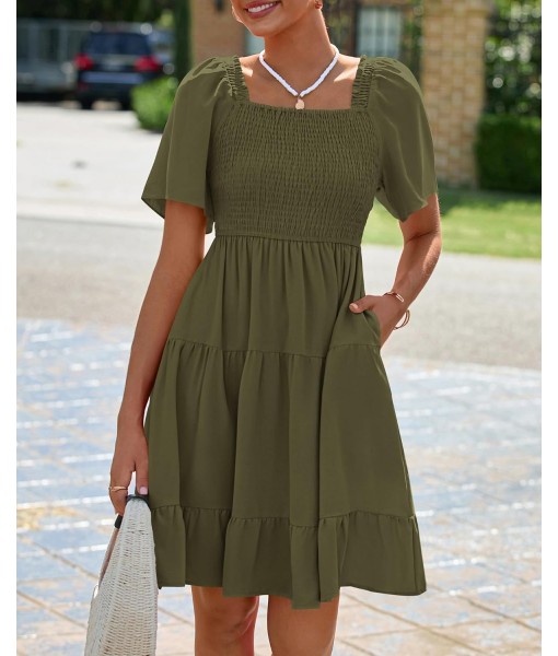 BTFBM Women's Summer Smocked Mini Dress Square Neck Flutter Sleeve Casual Ruffle Flared Swing Boho Beach Dresses Pockets