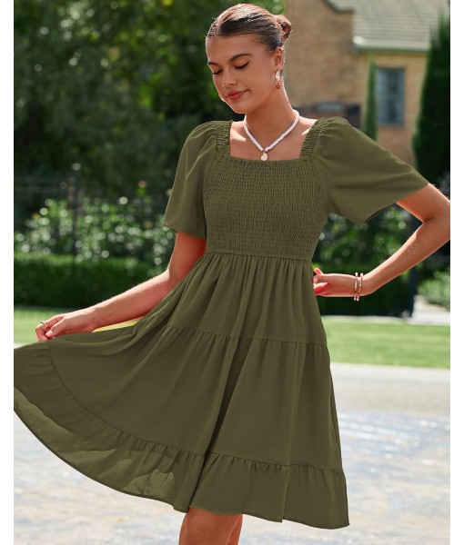 BTFBM Women's Summer Smocked Mini Dress Square Neck Flutter Sleeve Casual Ruffle Flared Swing Boho Beach Dresses Pockets