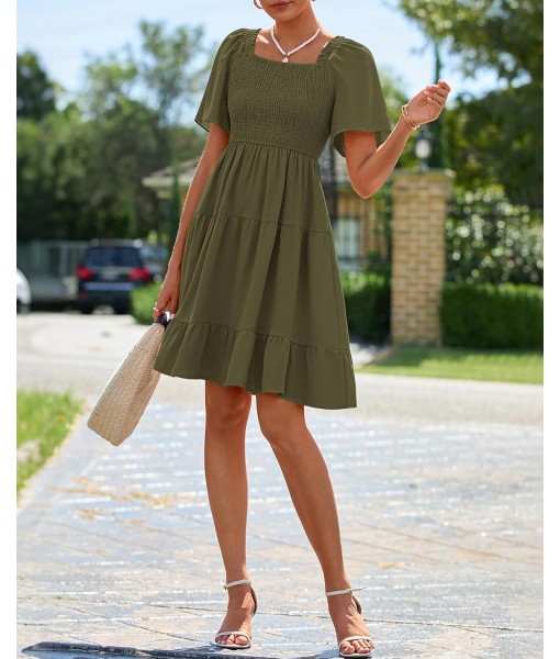 BTFBM Women's Summer Smocked Mini Dress Square Neck Flutter Sleeve Casual Ruffle Flared Swing Boho Beach Dresses Pockets