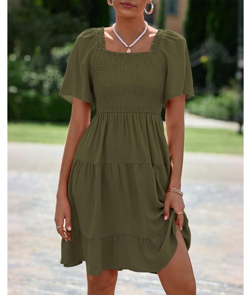 BTFBM Women's Summer Smocked Mini Dress Square Neck Flutter Sleeve Casual Ruffle Flared Swing Boho Beach Dresses Pockets