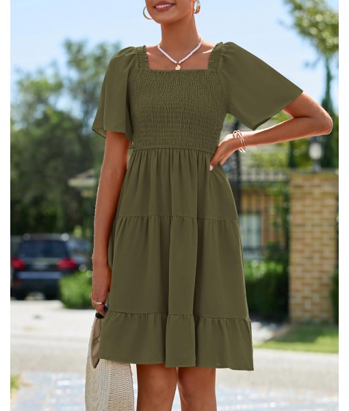 BTFBM Women's Summer Smocked Mini Dress Square Neck Flutter Sleeve Casual Ruffle Flared Swing Boho Beach Dresses Pockets