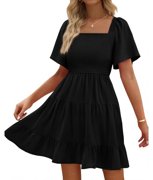 BTFBM Women's Summer Smocked Mini Dress Square Neck Flutter Sleeve Casual Ruffle Flared Swing Boho Beach Dresses Pockets