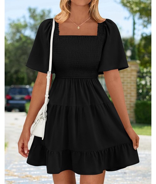 BTFBM Women's Summer Smocked Mini Dress Square Neck Flutter Sleeve Casual Ruffle Flared Swing Boho Beach Dresses Pockets