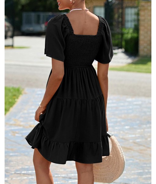 BTFBM Women's Summer Smocked Mini Dress Square Neck Flutter Sleeve Casual Ruffle Flared Swing Boho Beach Dresses Pockets