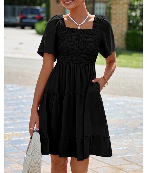 BTFBM Women's Summer Smocked Mini Dress Square Neck Flutter Sleeve Casual Ruffle Flared Swing Boho Beach Dresses Pockets
