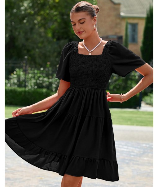 BTFBM Women's Summer Smocked Mini Dress Square Neck Flutter Sleeve Casual Ruffle Flared Swing Boho Beach Dresses Pockets
