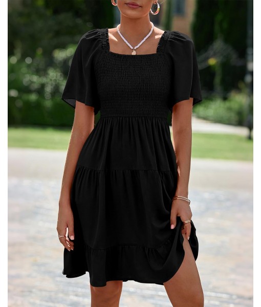 BTFBM Women's Summer Smocked Mini Dress Square Neck Flutter Sleeve Casual Ruffle Flared Swing Boho Beach Dresses Pockets