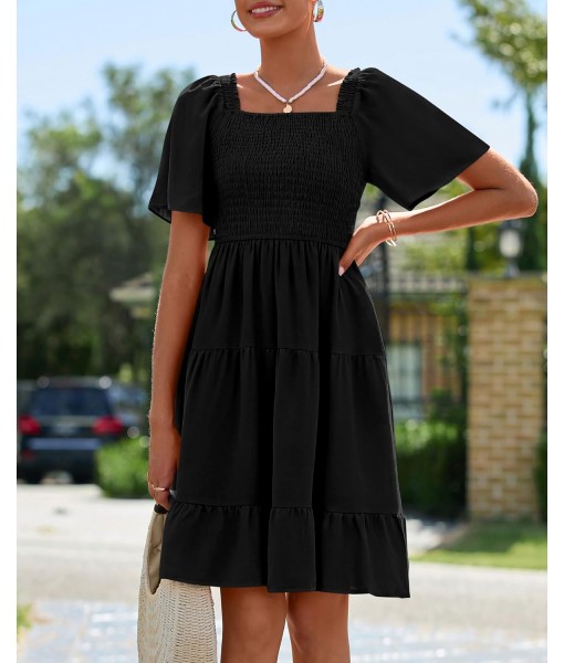 BTFBM Women's Summer Smocked Mini Dress Square Neck Flutter Sleeve Casual Ruffle Flared Swing Boho Beach Dresses Pockets